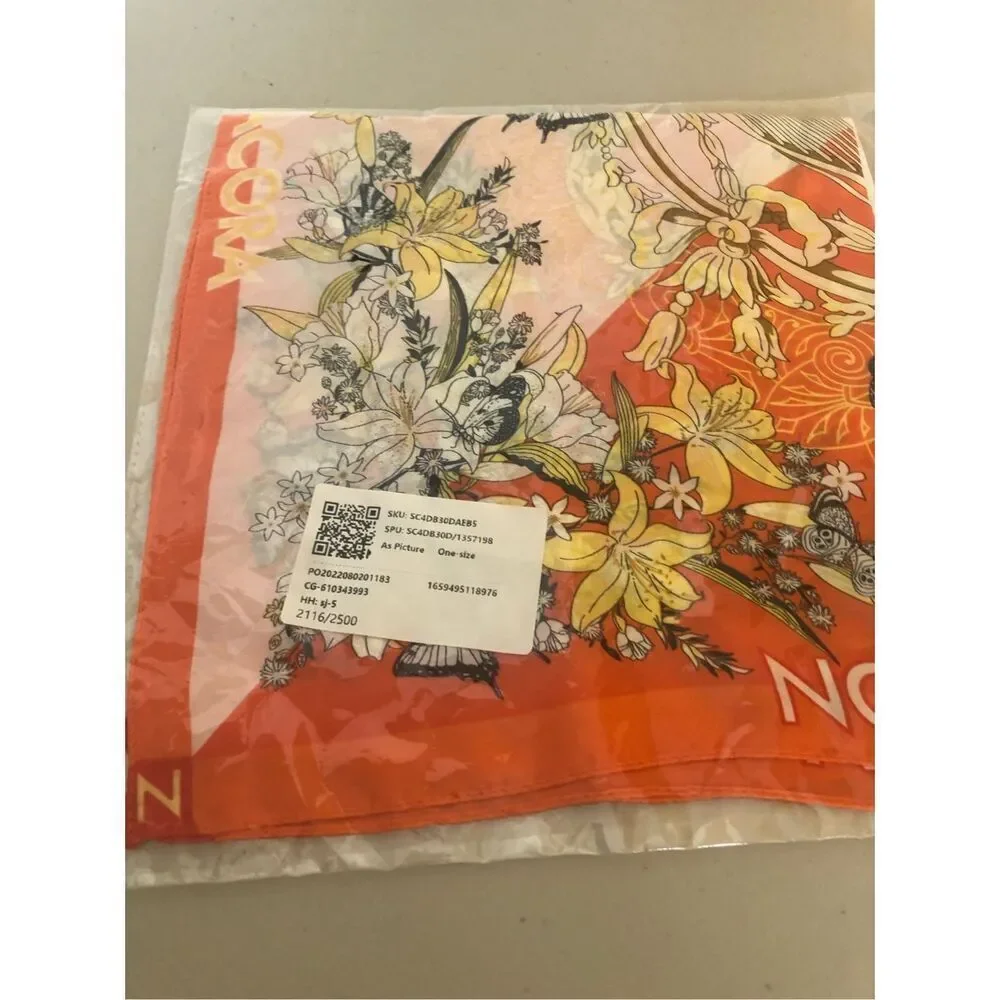 NORA Orange Floral Butterfly Square Scarf Lightweight Wrap